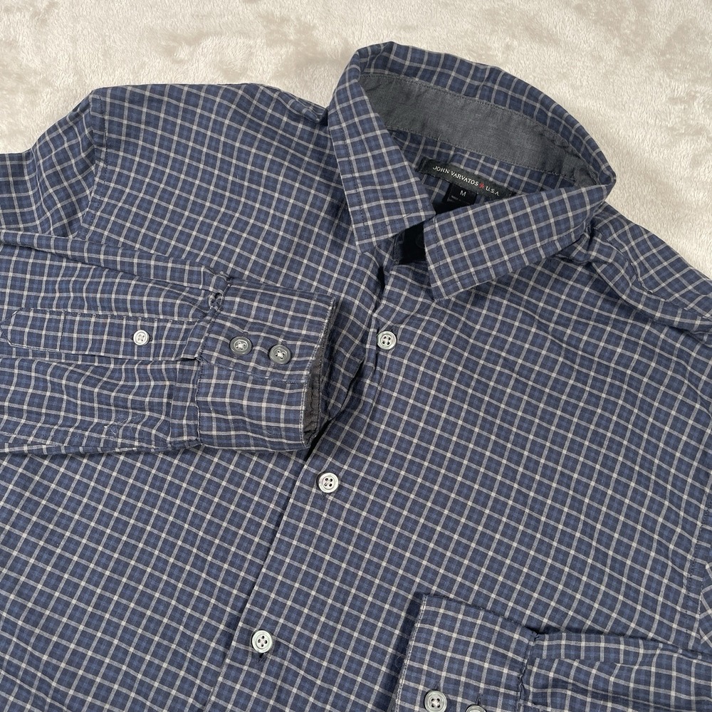 John Varvatos USA Long Sleeve Shirt Blue‎ Tartan Plaid Button Up Men's M